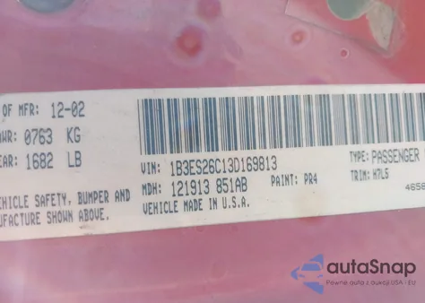 2003 Dodge Neon Se z USA, uszkodzony, nr VIN 1B3ES26C13D169813